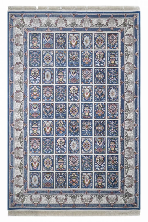 A Qaleen Carpets rug with a blue and white patterned design, featuring intricate patterns and a central medallion