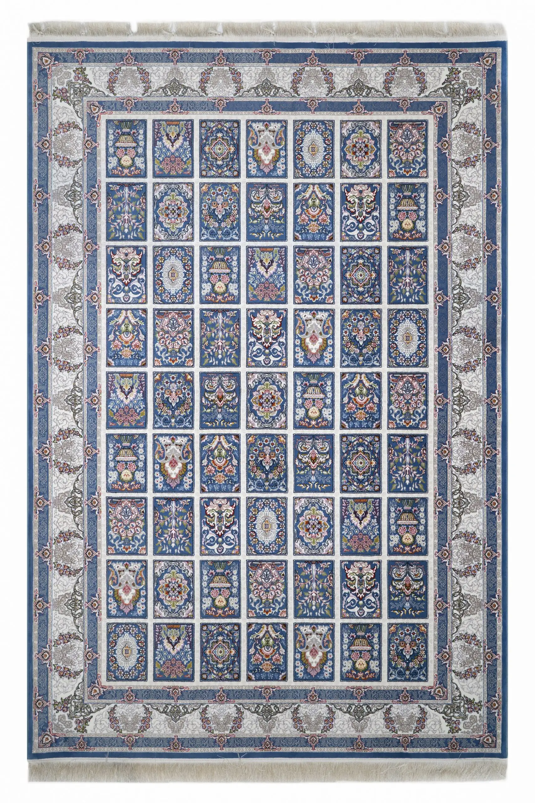 A Qaleen Carpets rug with a blue and white patterned design, featuring intricate patterns and a central medallion