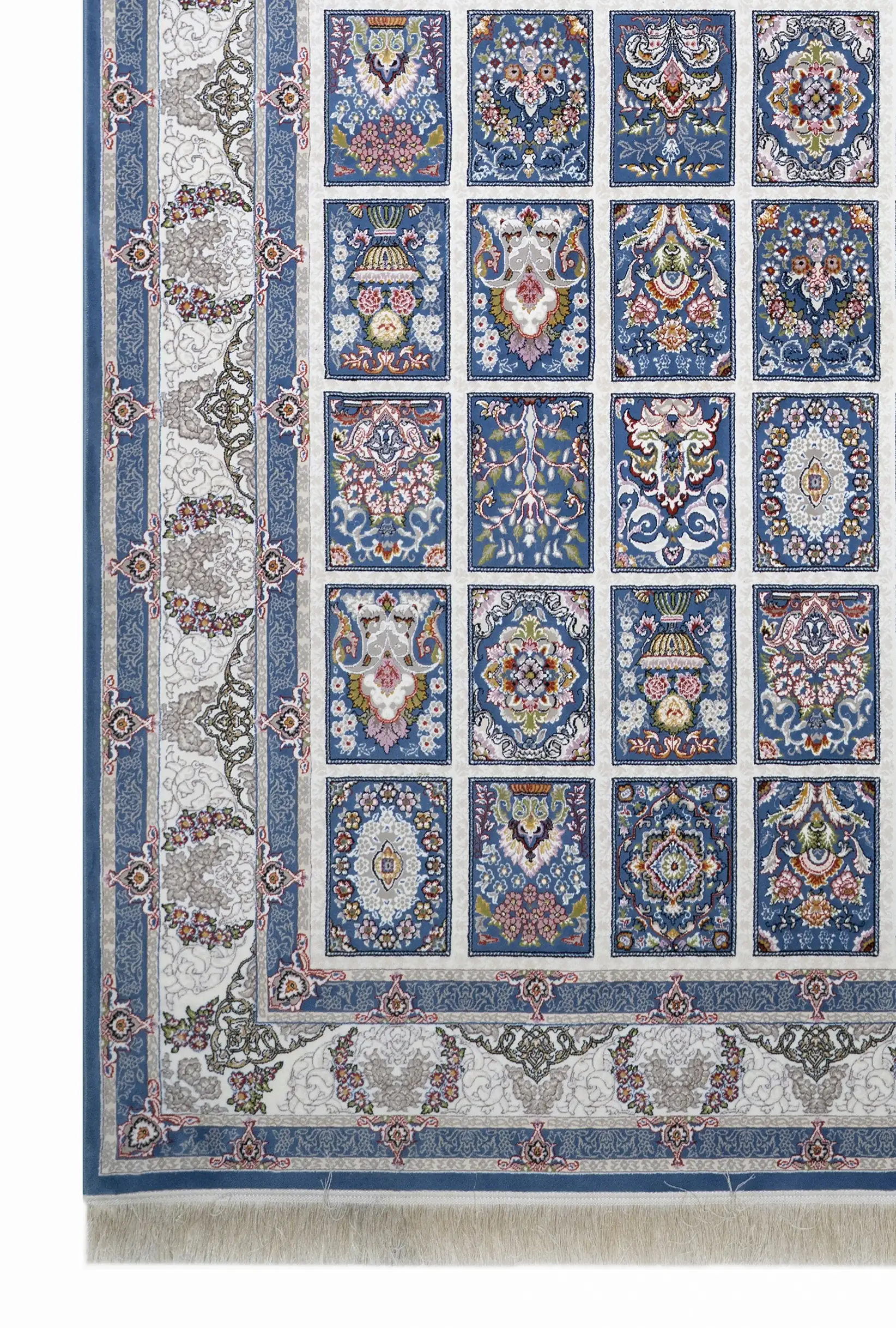 A Qaleen Carpets rug with a blue and white patterned design, featuring intricate patterns and a border of flowers and leaves
