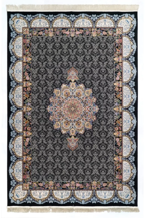 A stunning Qaleen Carpets rug with intricate patterns and a rich, dark background, perfect for adding a touch of elegance to