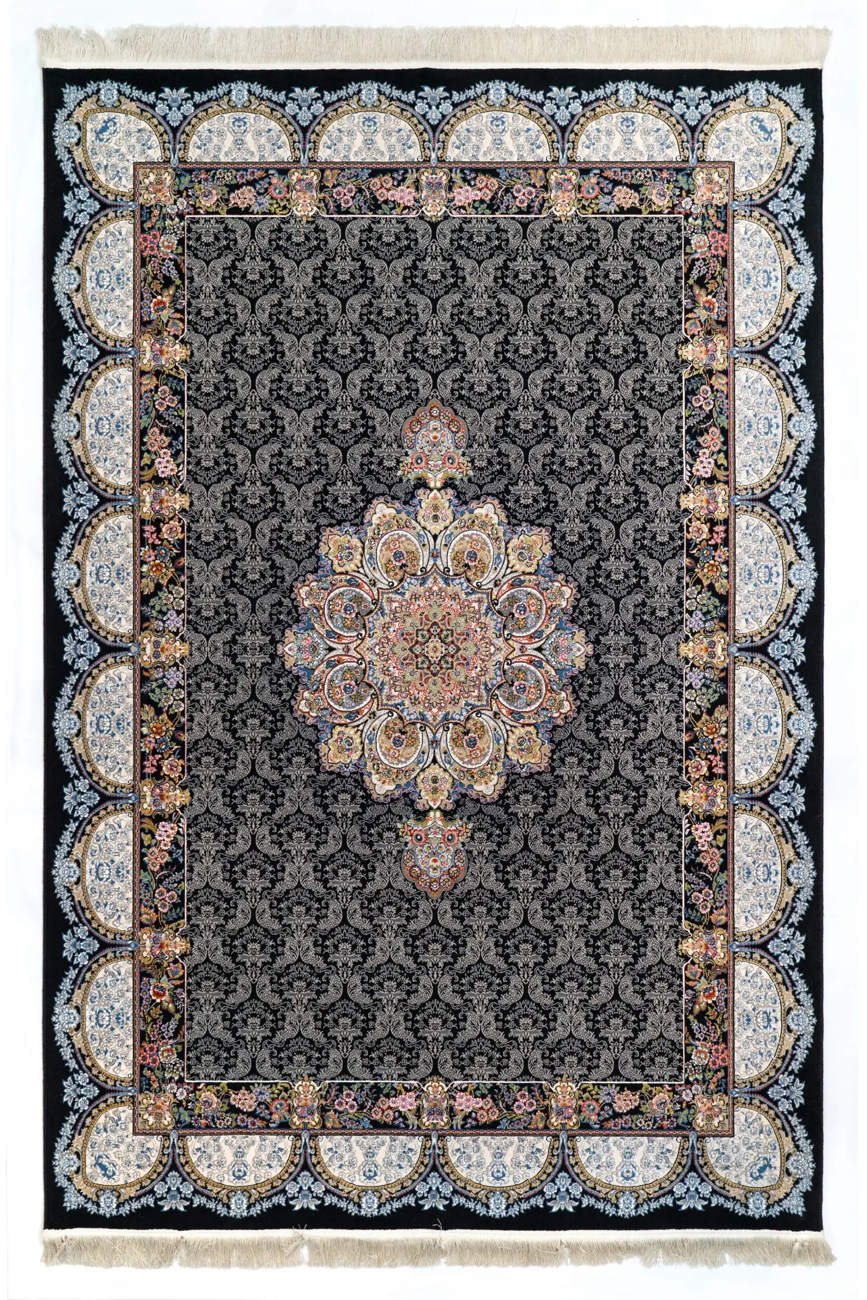 A stunning Qaleen Carpets rug with intricate patterns and a rich, dark background, perfect for adding a touch of elegance to