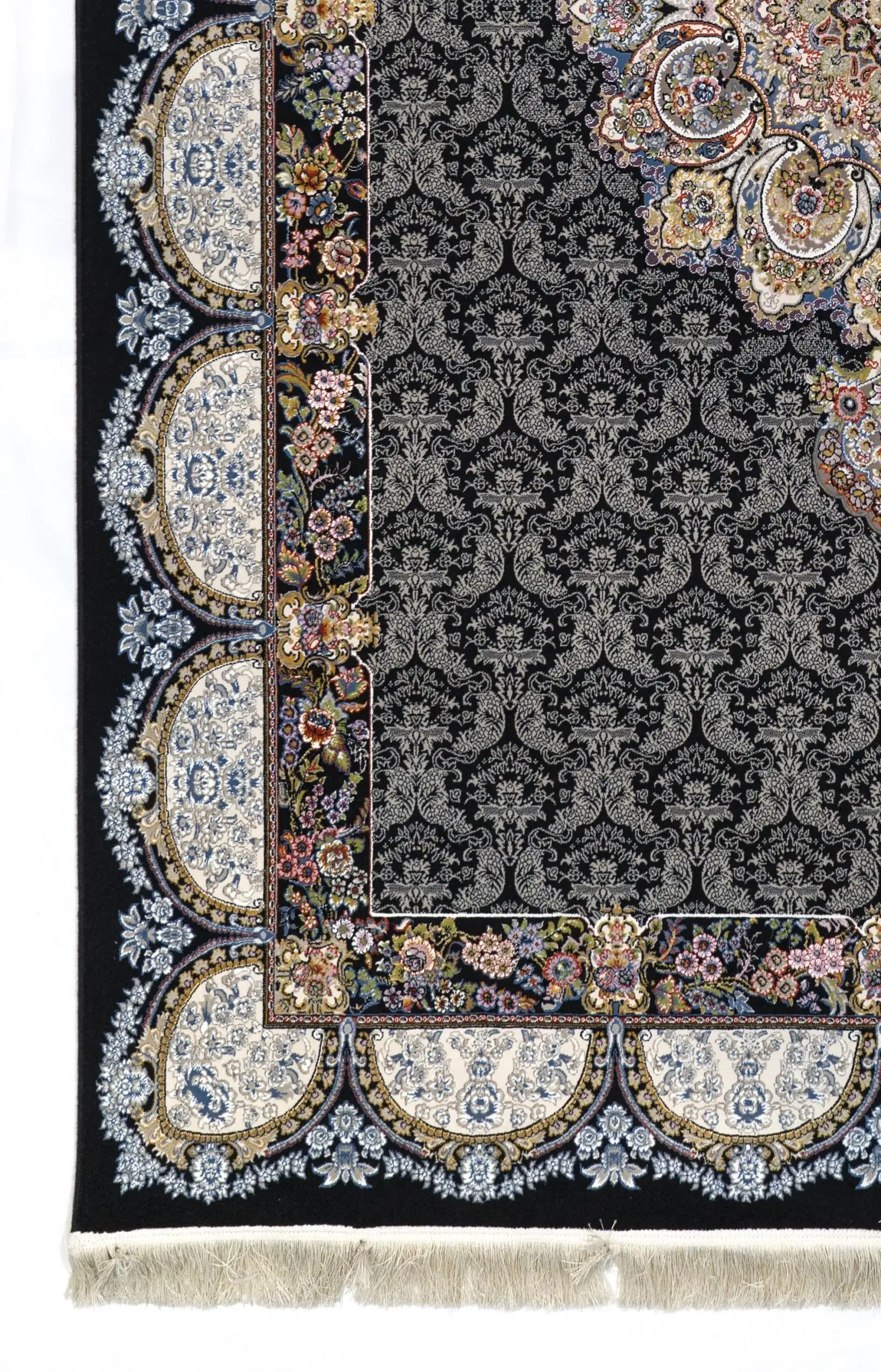 A close-up of a Qaleen Carpets rug with intricate patterns and a rich, dark background, showcasing the company's expertise