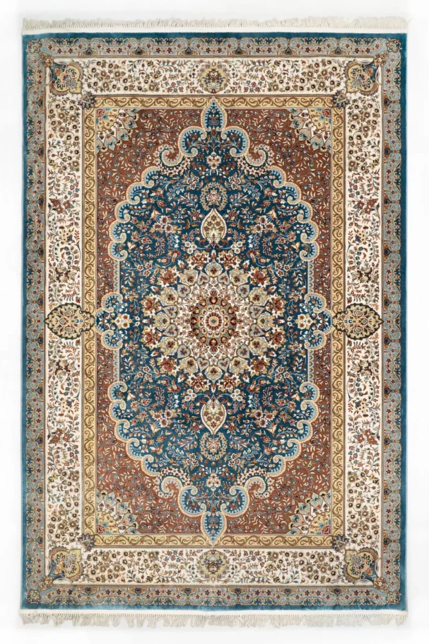 A stunning Qaleen Carpets rug with intricate patterns and vibrant colors, perfect for adding a touch of elegance to any room