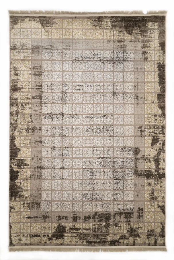 A Qaleen Carpets rug with a unique, intricate design featuring a mix of traditional and modern elements, with a focus on