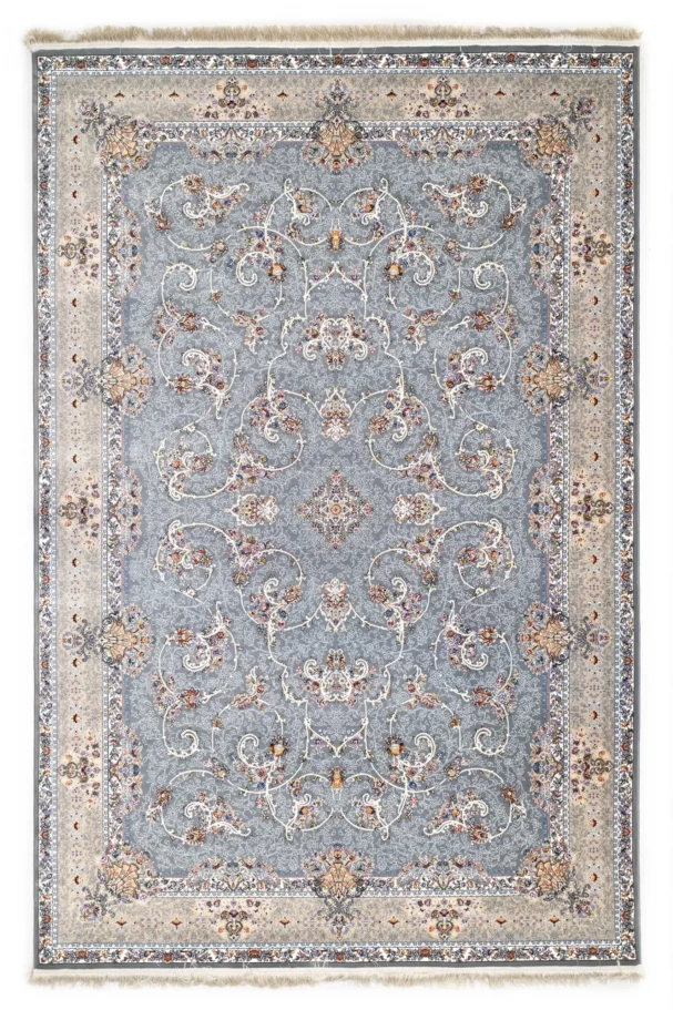 A stunning Qaleen Carpets rug with intricate patterns and a soft, grey background, perfect for adding a touch of elegance to