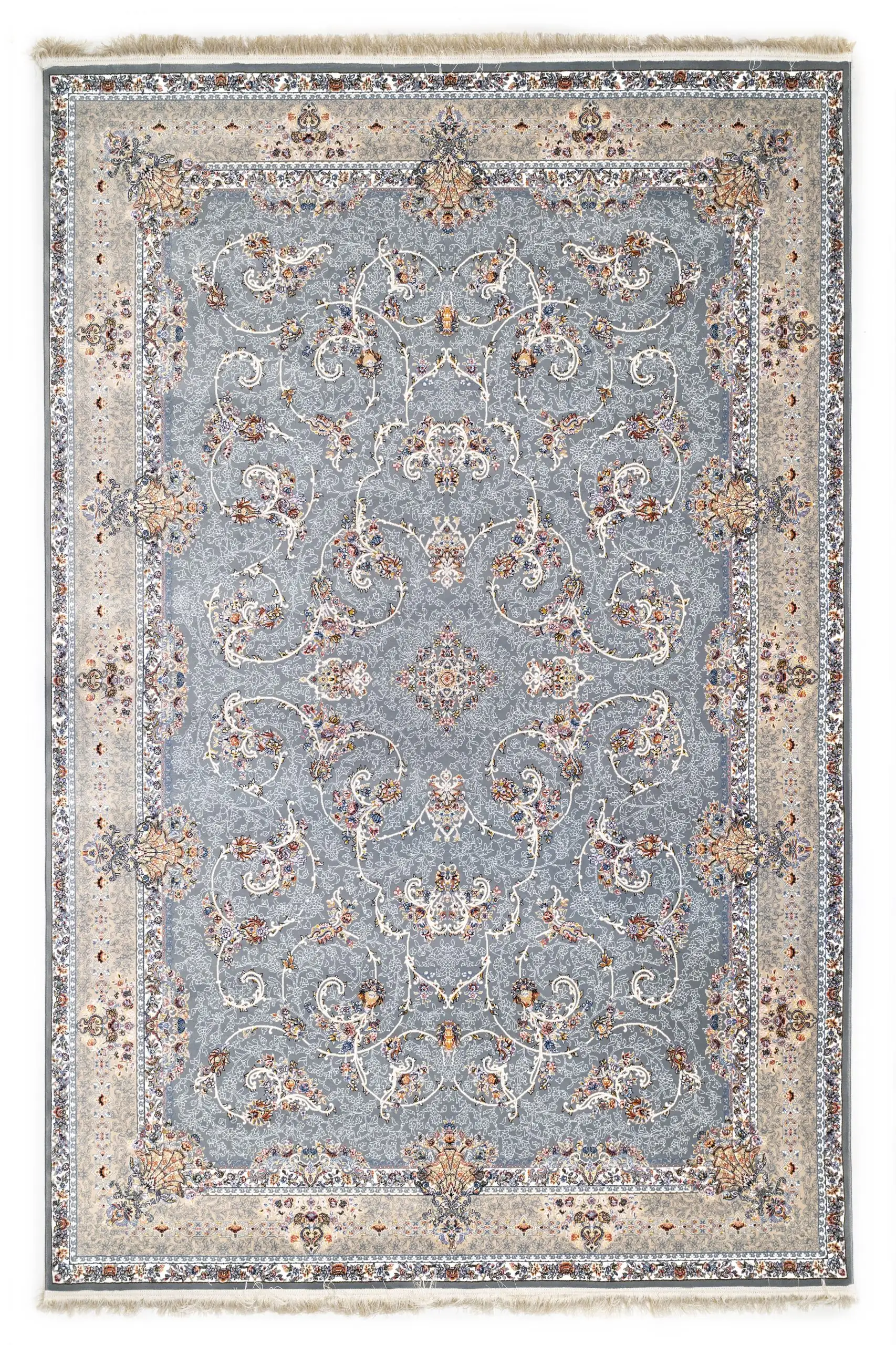 A stunning Qaleen Carpets rug with intricate patterns and a soft, grey background, perfect for adding a touch of elegance to