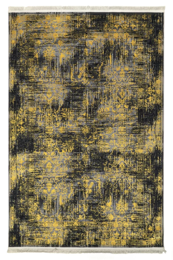 Qaleen Carpets' Qaleen Collection rug in a modern, abstract design with a mix of gold and black colors