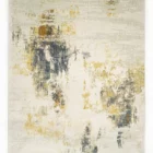 A Qaleen Carpets rug with a white background and a mix of gold, grey, and blue hues, featuring a unique blend of abstract