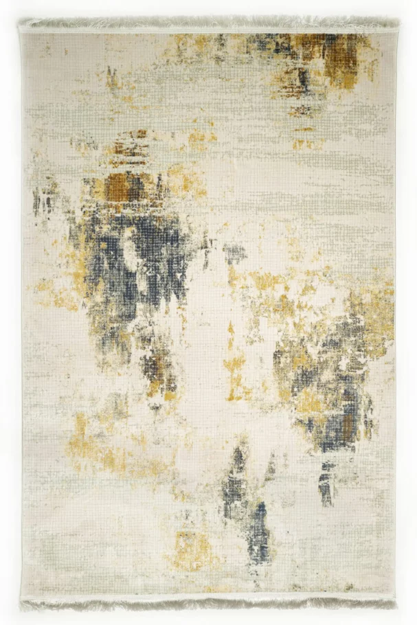 A Qaleen Carpets rug with a white background and a mix of gold, grey, and blue hues, featuring a unique blend of abstract