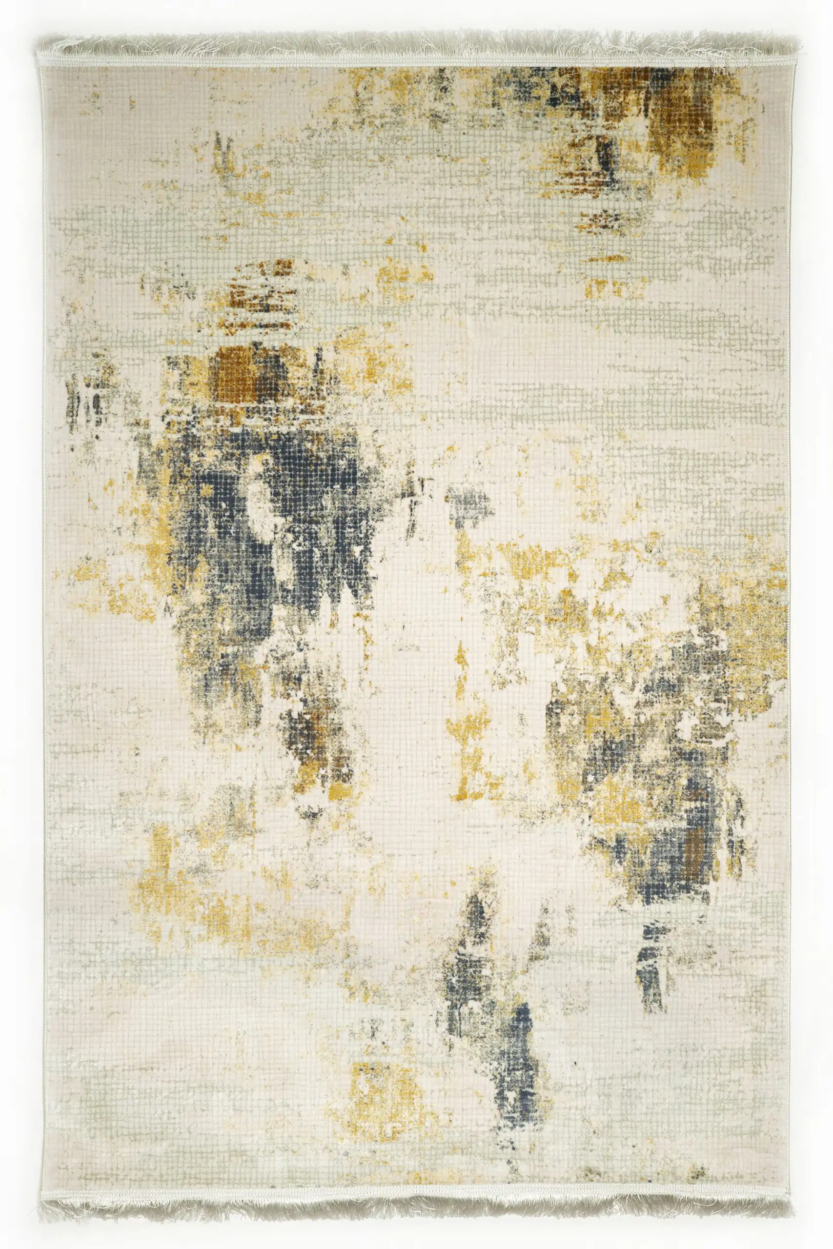 A Qaleen Carpets rug with a white background and a mix of gold, grey, and blue hues, featuring a unique blend of abstract