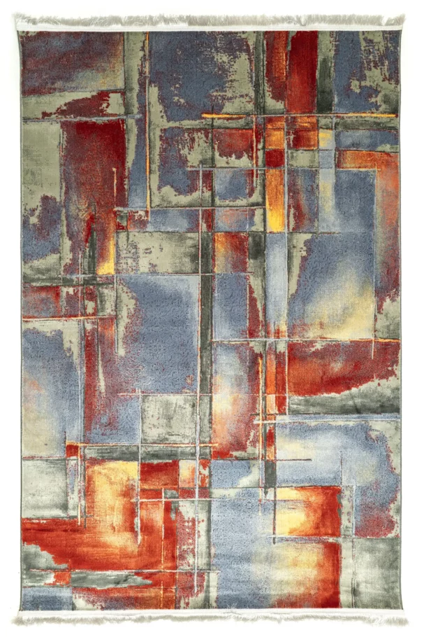 A vibrant, abstract rug with a mix of red, blue, and yellow hues, featuring a unique, intricate design, made by Qaleen