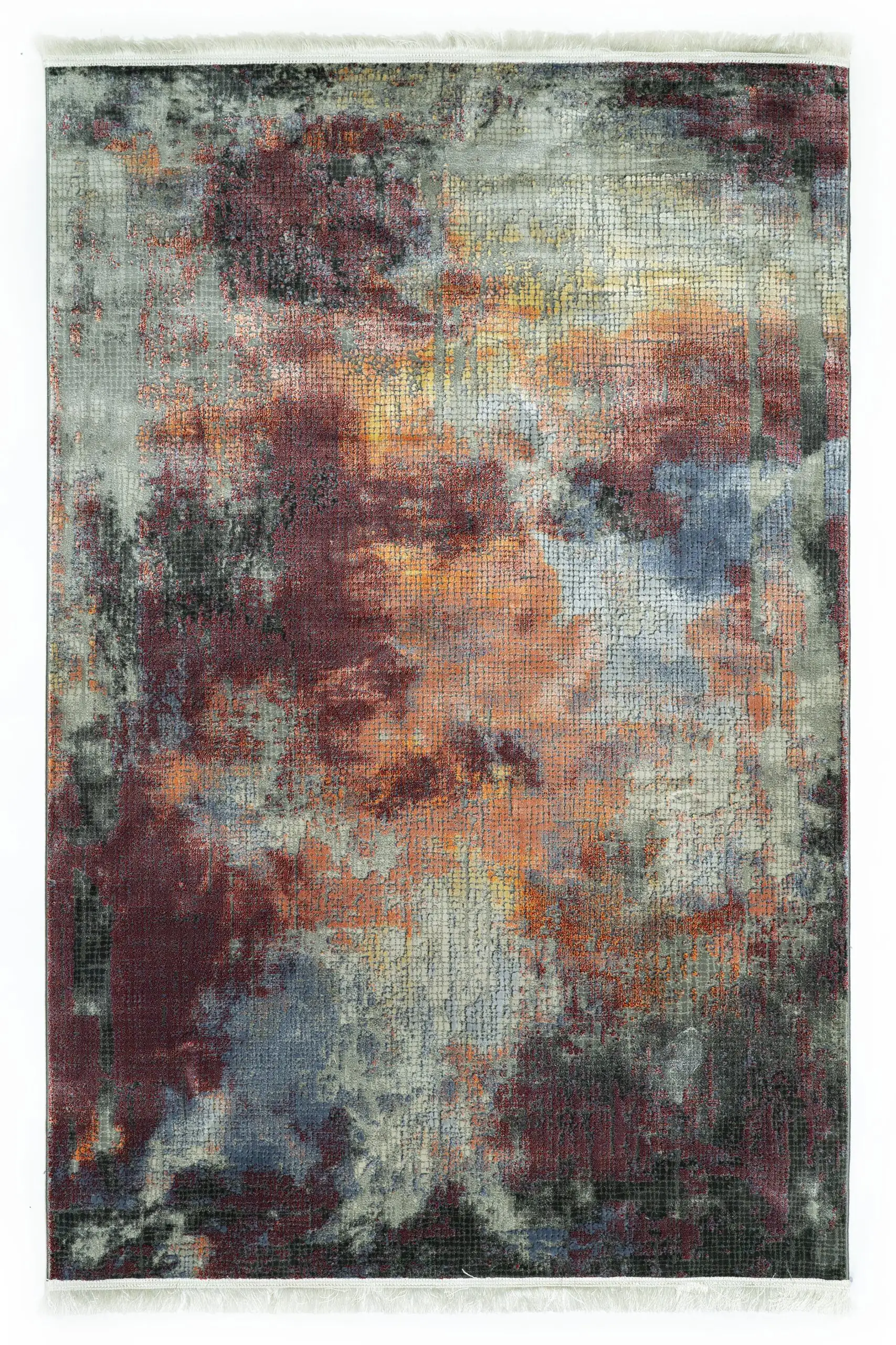 A vibrant, abstract rug with a mix of red, blue, and yellow hues, created by Qaleen Carpets