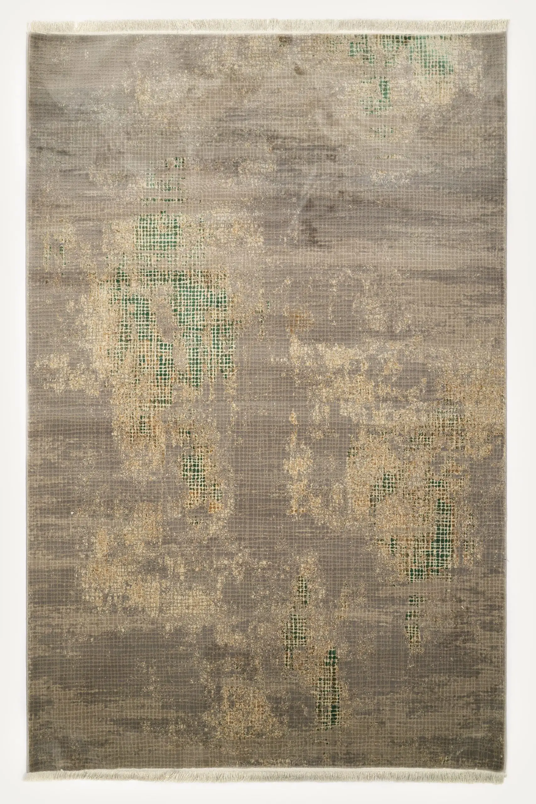 A Qaleen Carpets rug with a unique, hand-woven design featuring a blend of traditional and modern elements, with a focus on