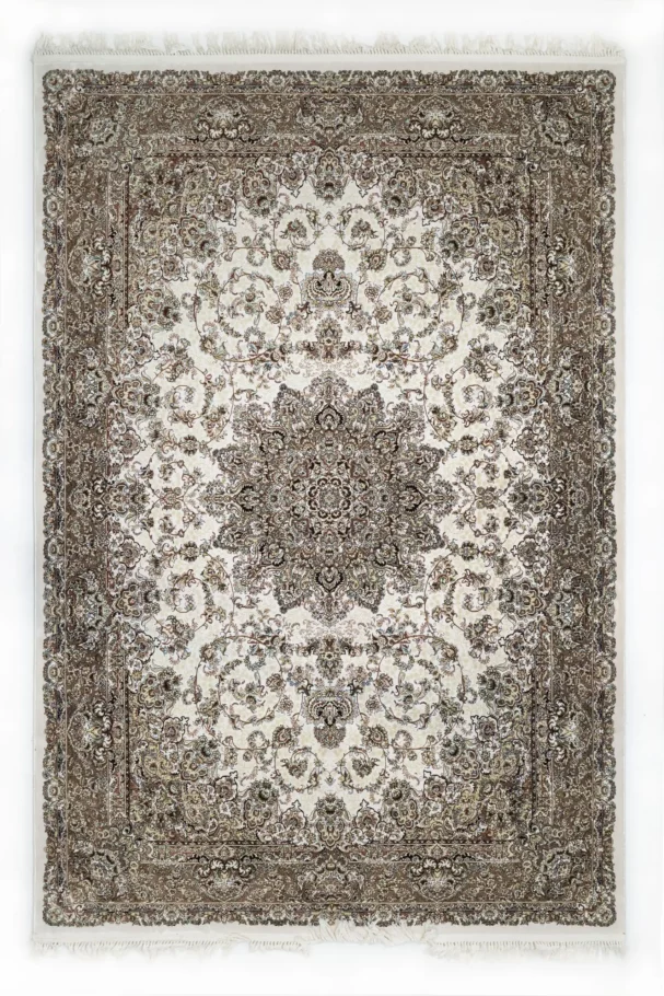 A stunning Qaleen Carpets rug with intricate, hand-knotted patterns and a soft, cream-colored background, perfect for adding