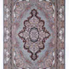 A Qaleen Carpets rug with a central, intricate design and a border of similar patterns, set against a light grey background