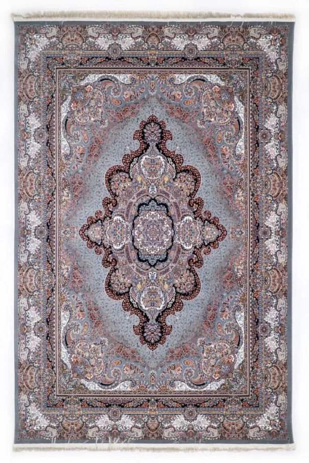 A Qaleen Carpets rug with a central, intricate design and a border of similar patterns, set against a light grey background