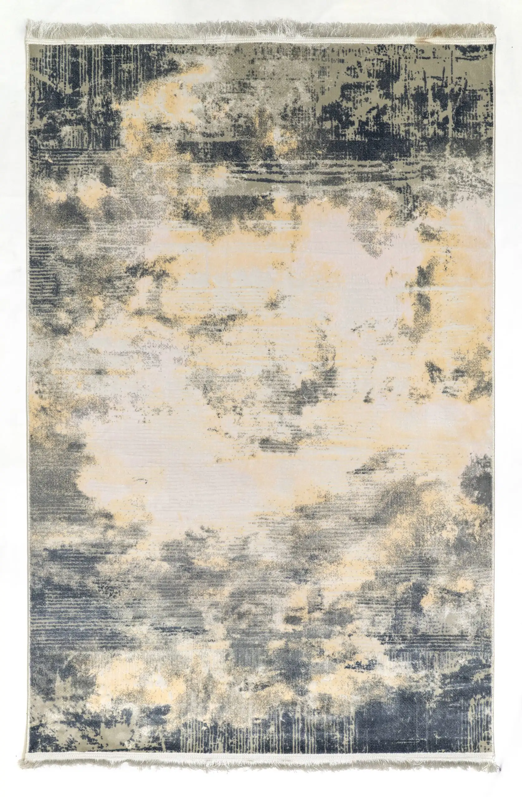 A Qaleen Carpets rug with a unique, abstract design featuring a mix of dark and light colors, with a subtle, soft texture