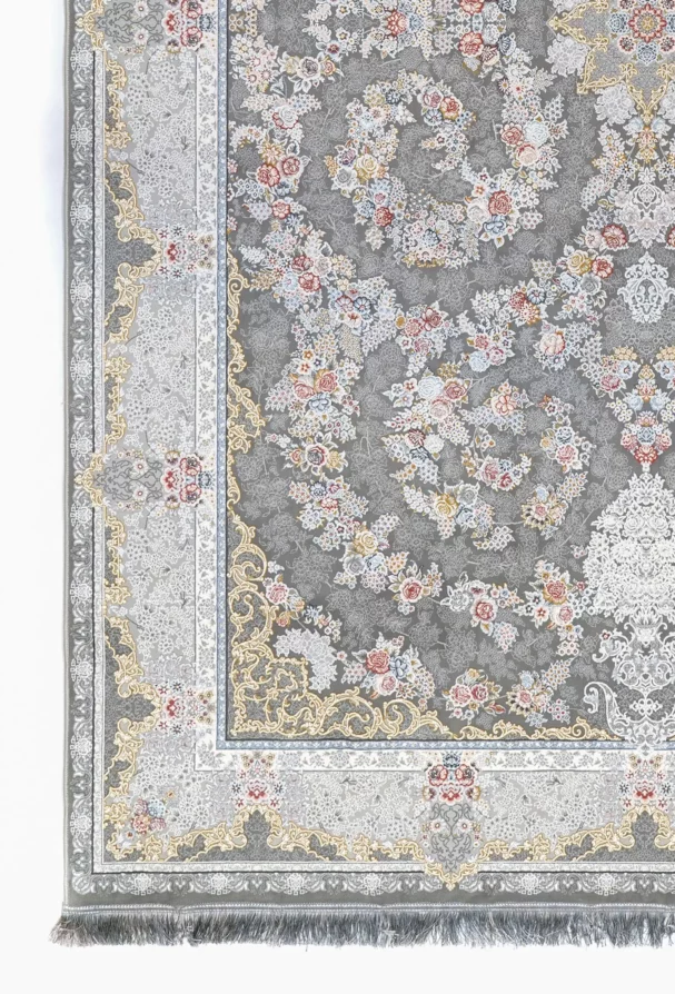 Carpets A beautiful, intricately designed carpet with a mix of flowers and foliage on a gray background
