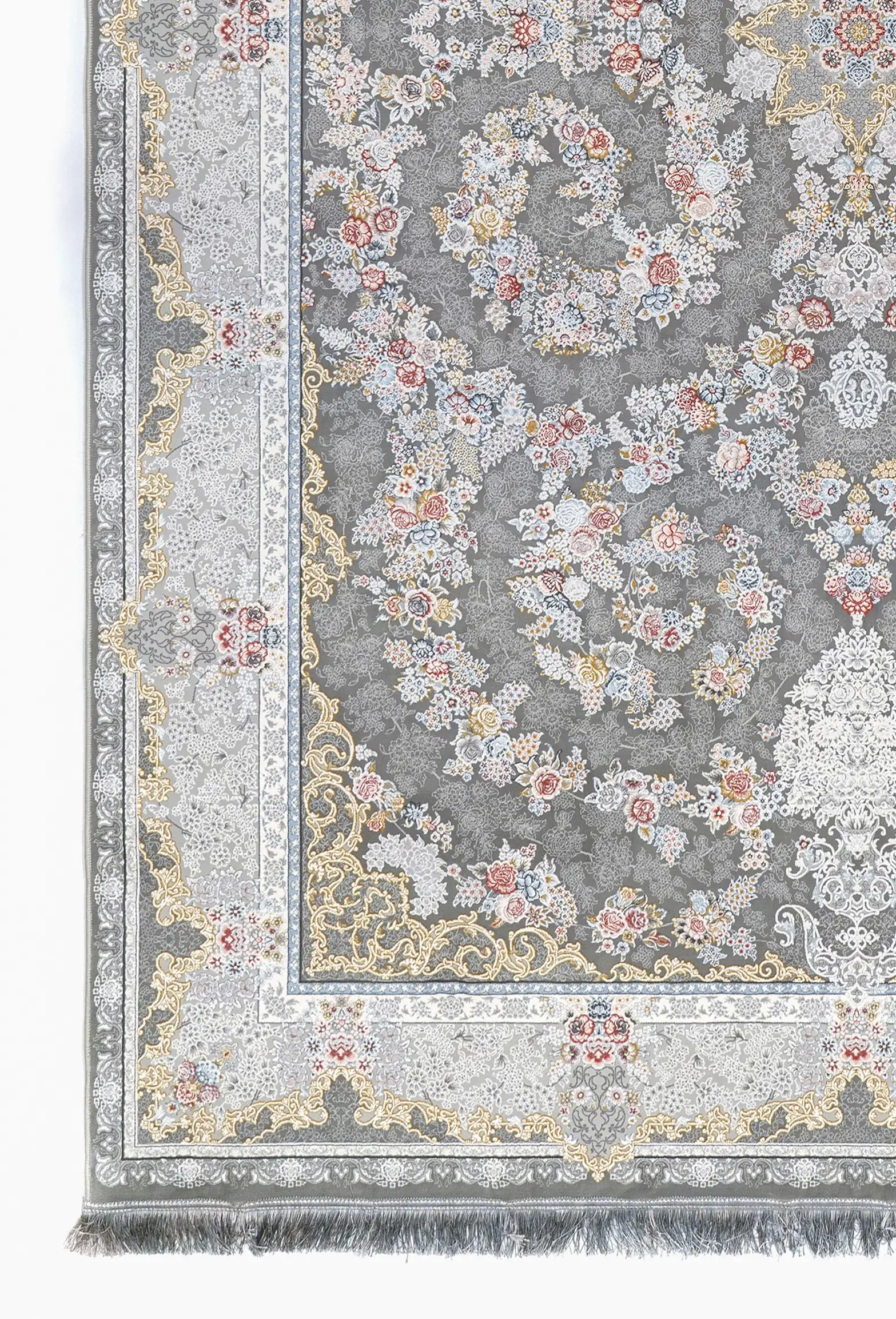 Carpets A beautiful, intricately designed carpet with a mix of flowers and foliage on a gray background