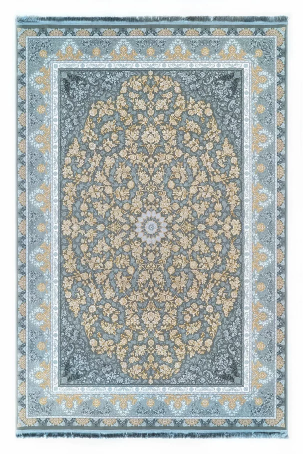 Carpets A rug with a blue and gold floral pattern, featuring a central flower design and a border of flowers and leaves