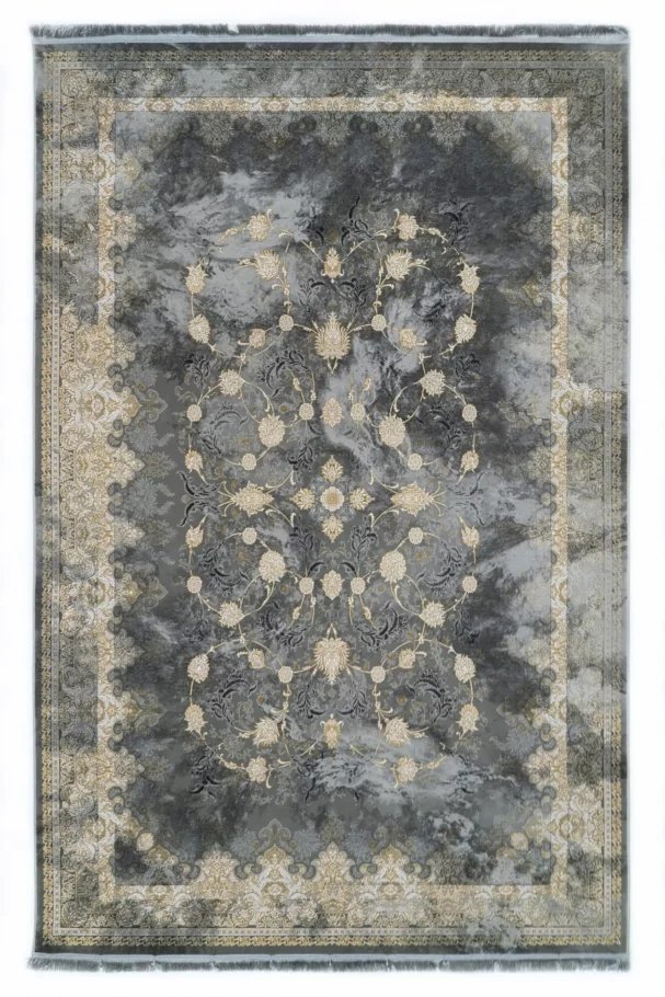 Carpets A rug with a dark grey background and a gold floral pattern, with a gold border around the edges