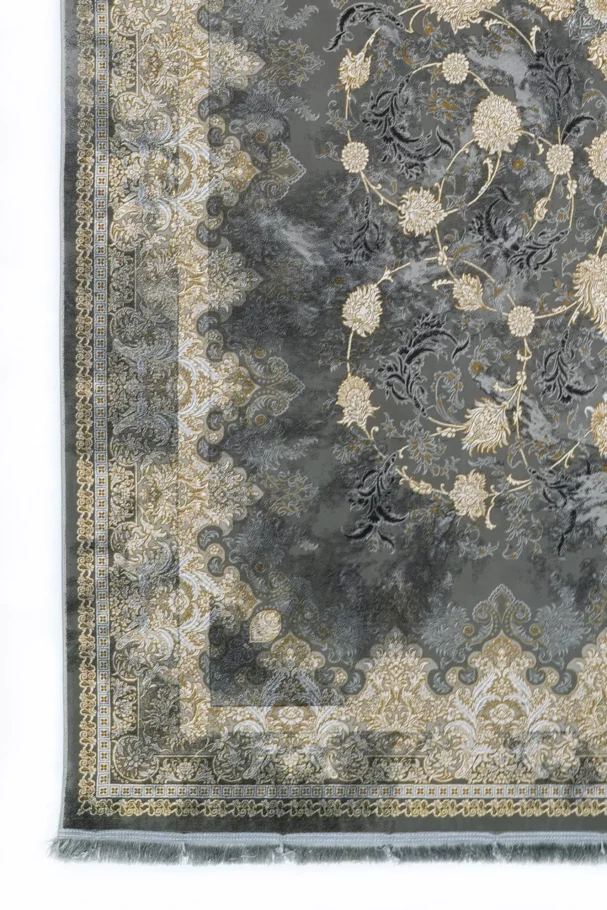 Carpets A beautiful, intricately designed carpet with a rich, dark grey background and a stunning floral pattern, perfect