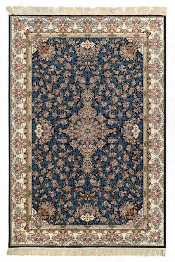 Carpets A beautiful, intricately designed carpet with a rich, dark blue background and intricate patterns of gold and red