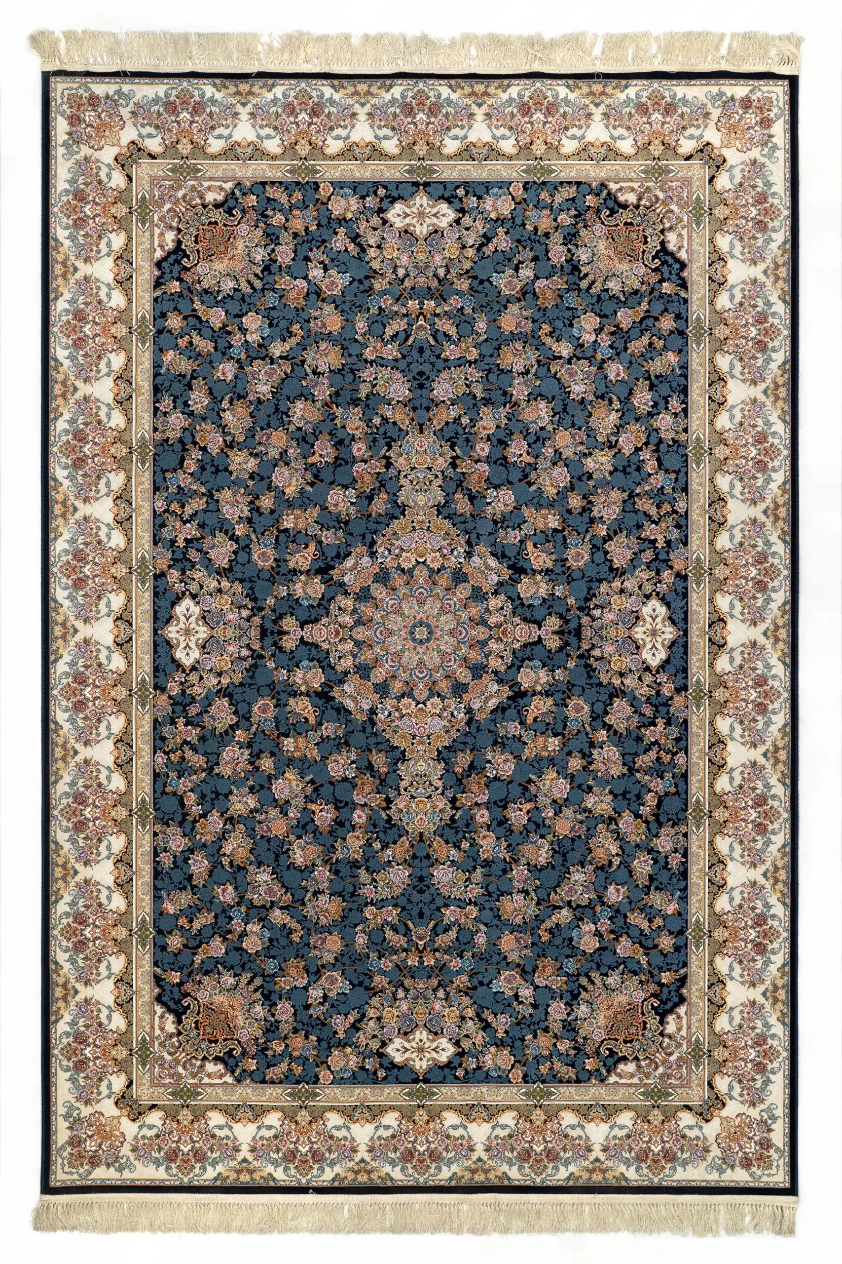 Carpets A beautiful, intricately designed carpet with a rich, dark blue background and intricate patterns of gold and red