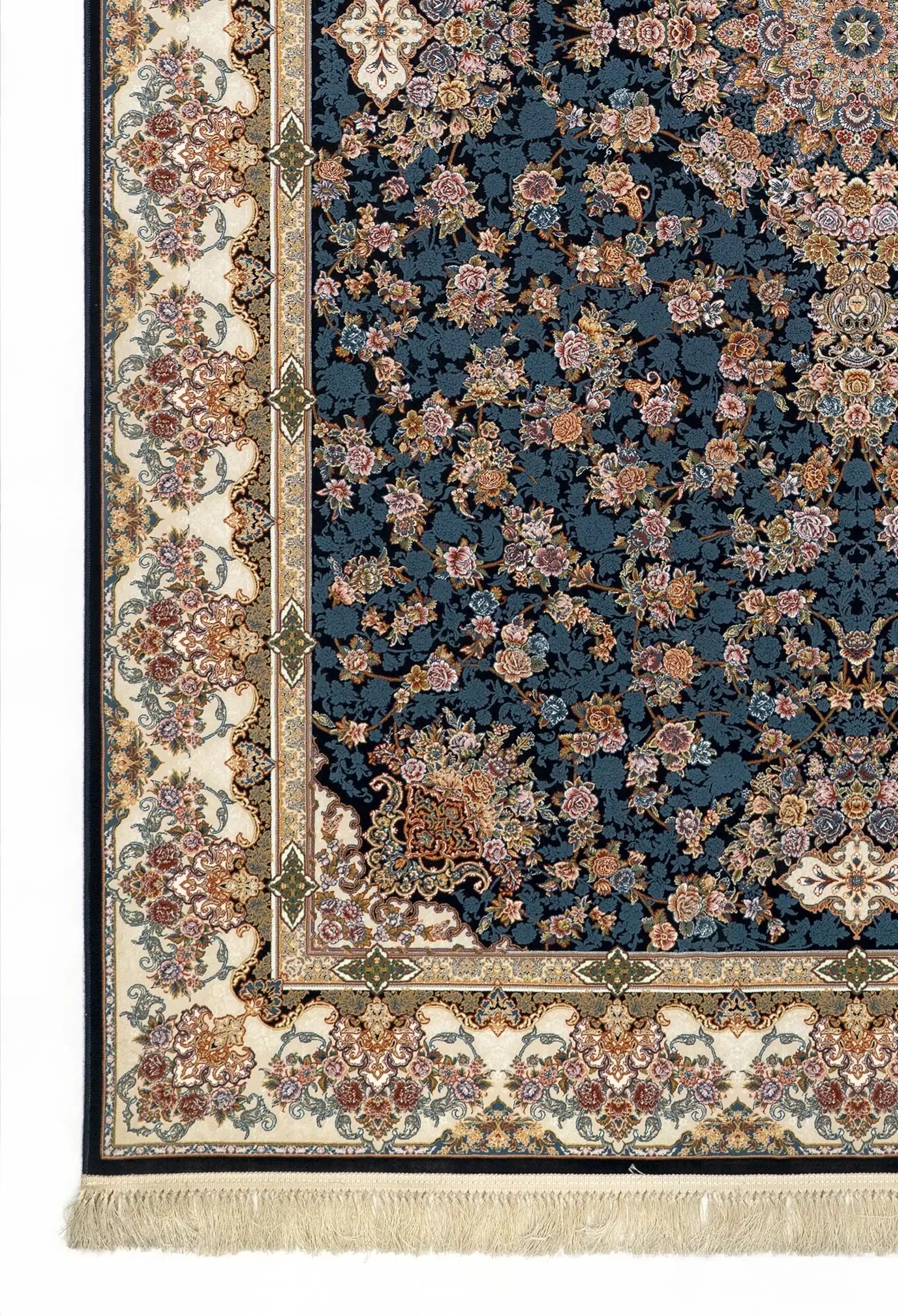 Carpets A beautiful, intricately designed carpet with a rich, dark blue background and a vibrant, floral pattern
