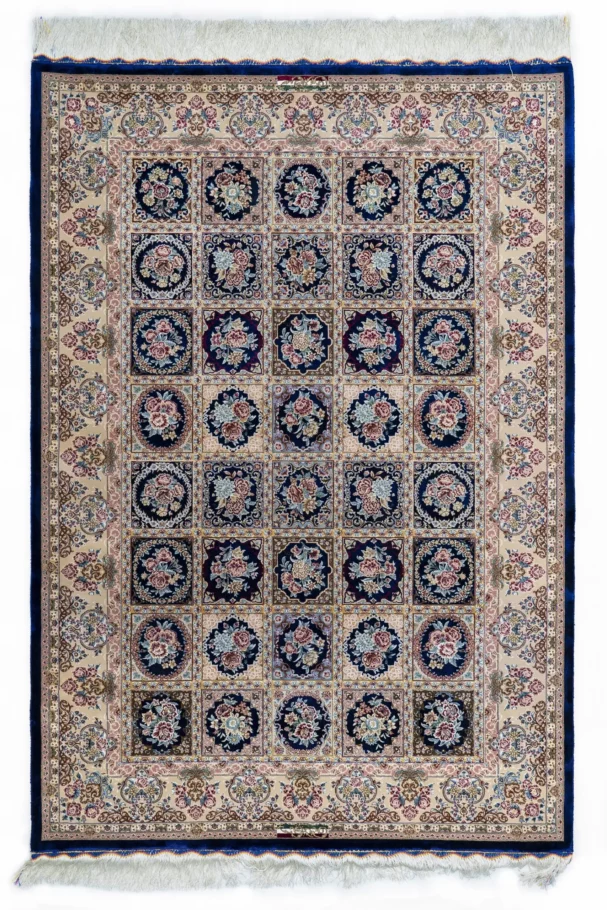 A beautiful, intricately designed carpet with a mix of traditional and modern elements, featuring a rich, vibrant color