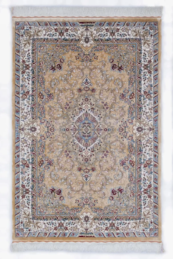 A Qaleen Carpets rug with a beige background and intricate patterns in various colors, including blue, red, and white, set
