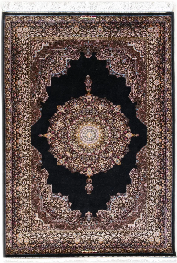 A stunning, intricately designed carpet with a dark background and intricate patterns, showcasing the beauty of carpets and