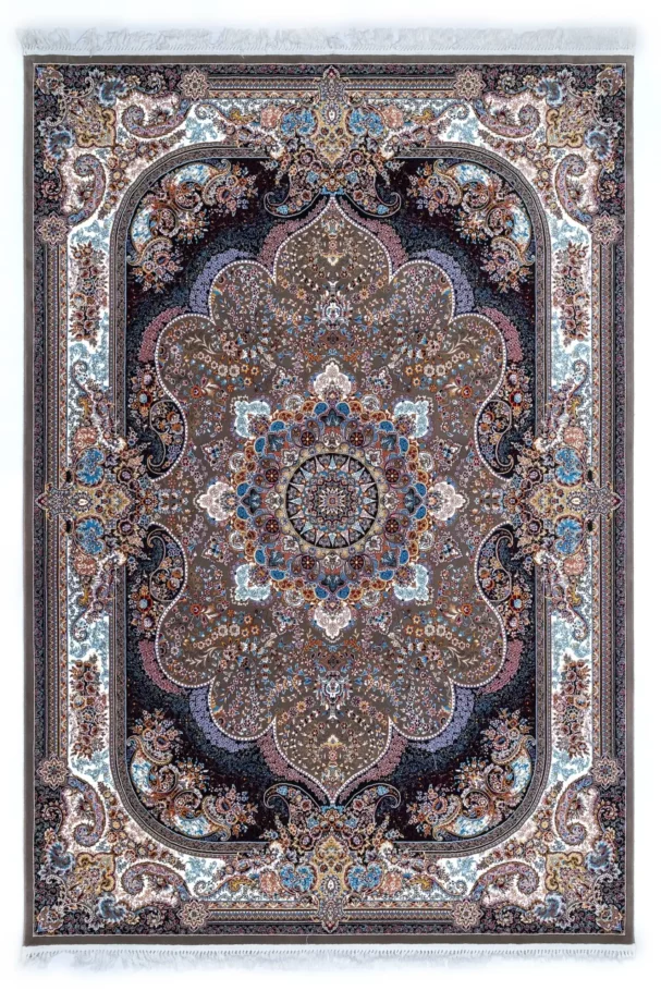 A beautiful, intricately designed carpet with a rich, vibrant pattern, perfect for adding a touch of elegance to any room,