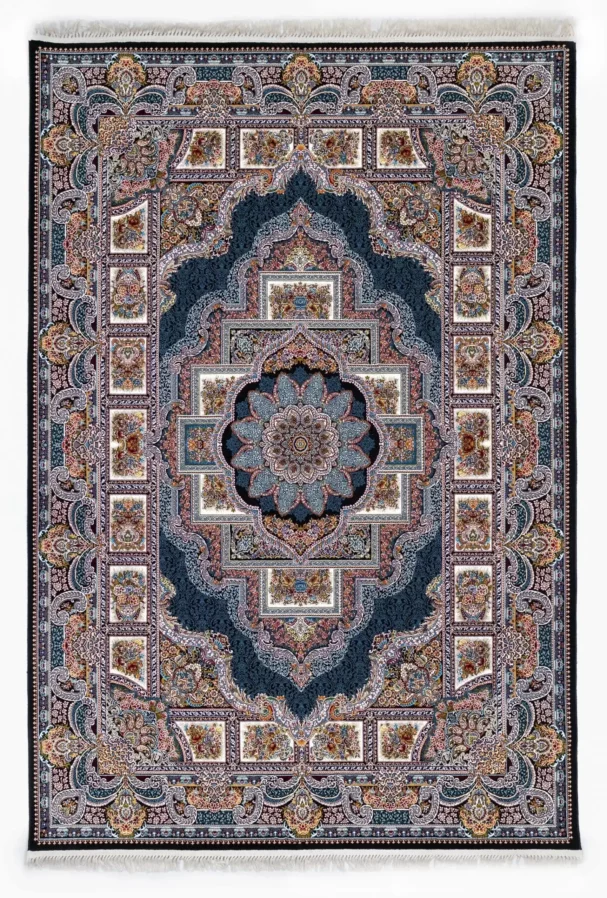 Carpets A beautiful, intricately designed carpet with a central flower pattern and intricate borders, showcasing the art of