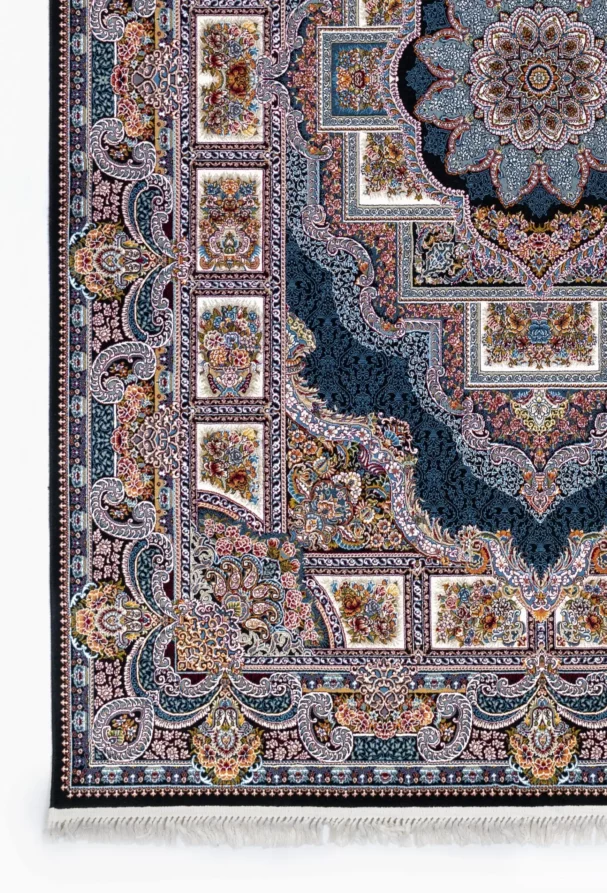 A stunning, intricately designed carpet with a rich, vibrant pattern, perfect for adding a touch of elegance to any room,
