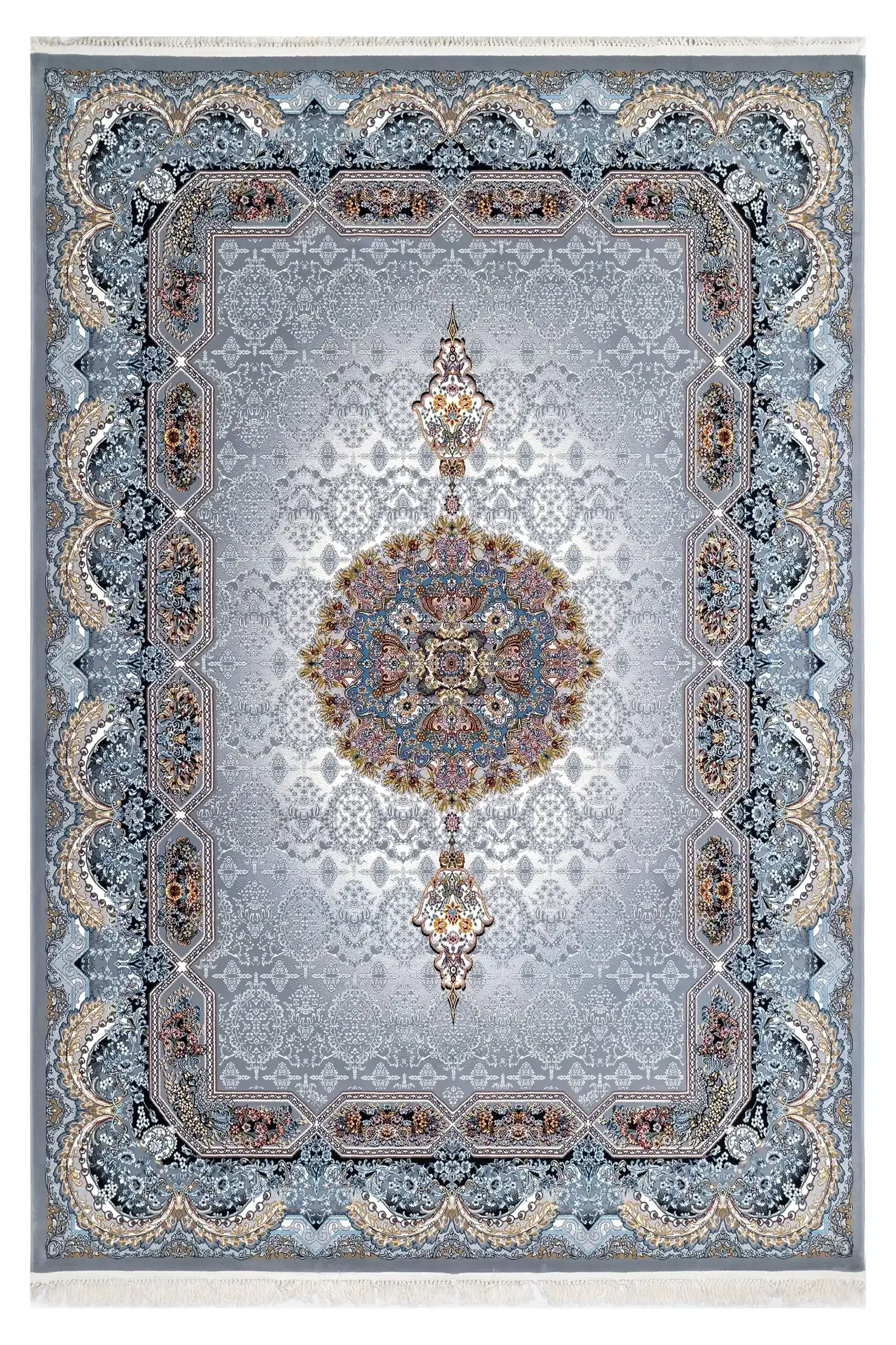 A beautiful, intricately designed carpet with a central medallion and intricate patterns, showcasing the art of carpeting