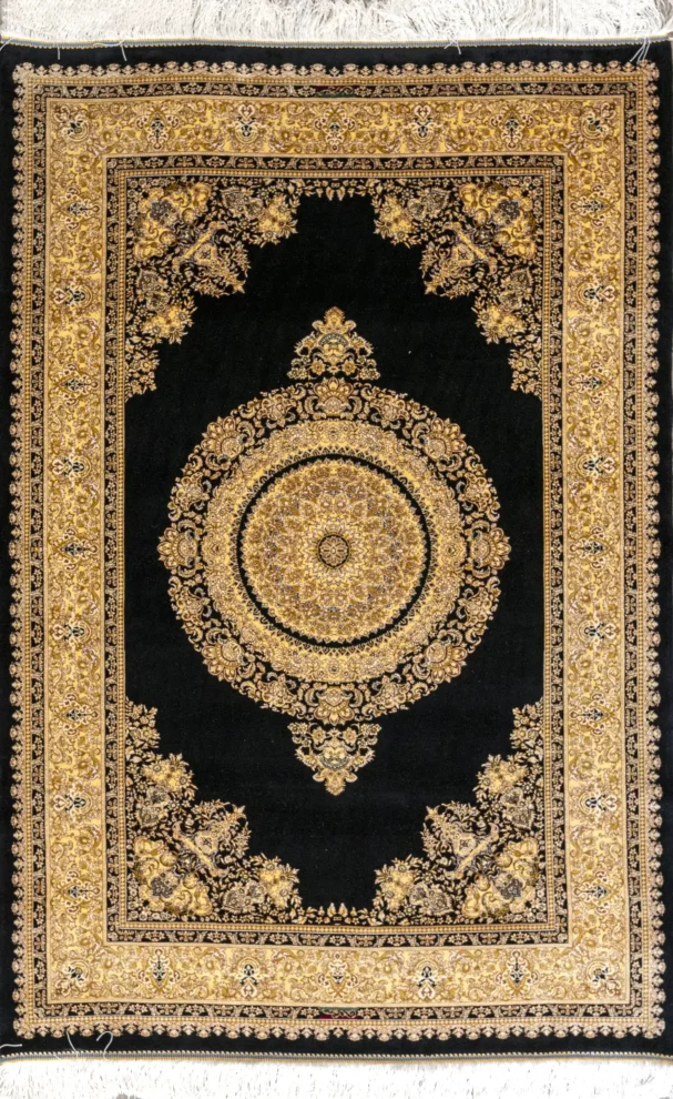 A beautiful, intricately designed carpet with a central medallion and intricate patterns on a dark background, showcasing