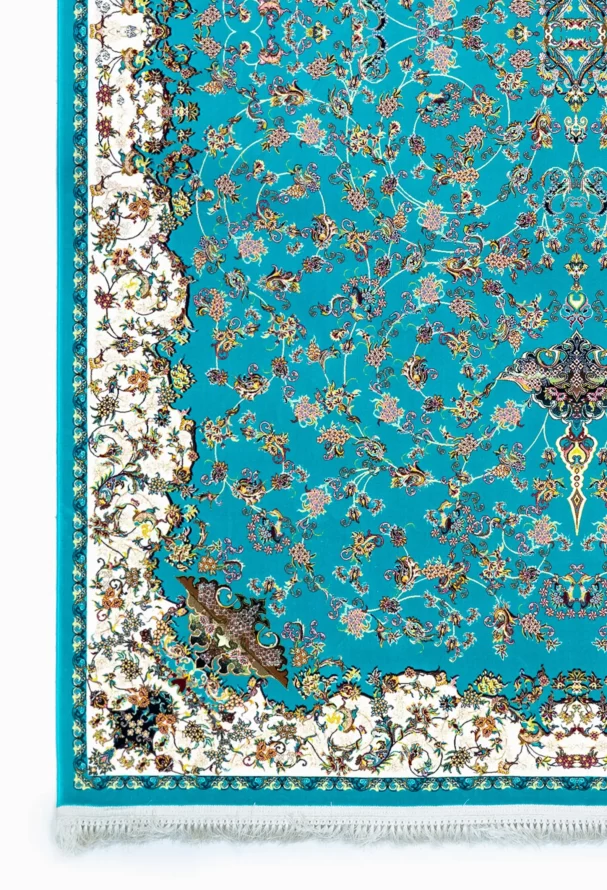 Carpets A vibrant, intricately designed carpet with a rich, blue background and a white border, featuring a mix of floral