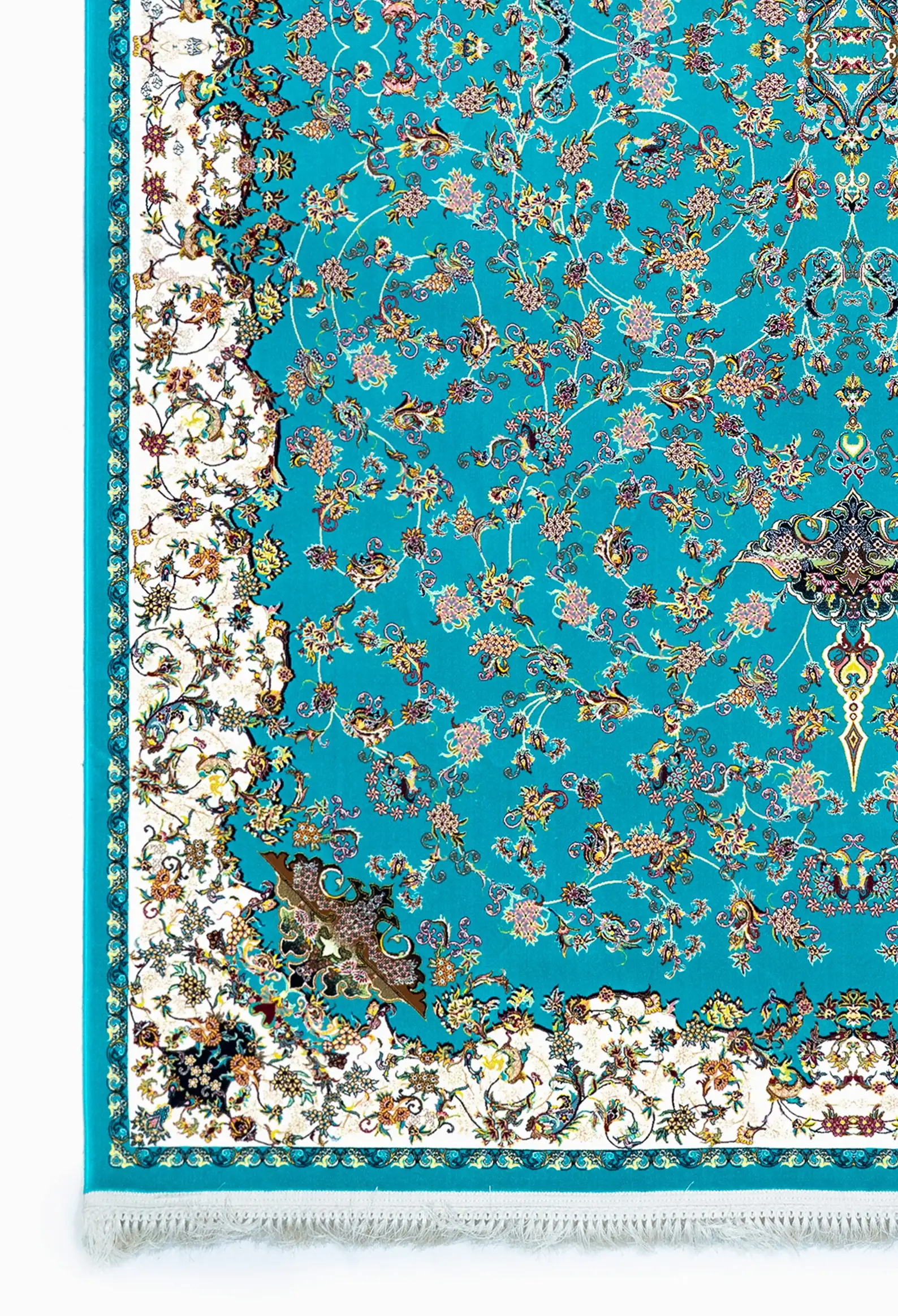 Carpets A vibrant, intricately designed carpet with a rich, blue background and a white border, featuring a mix of floral