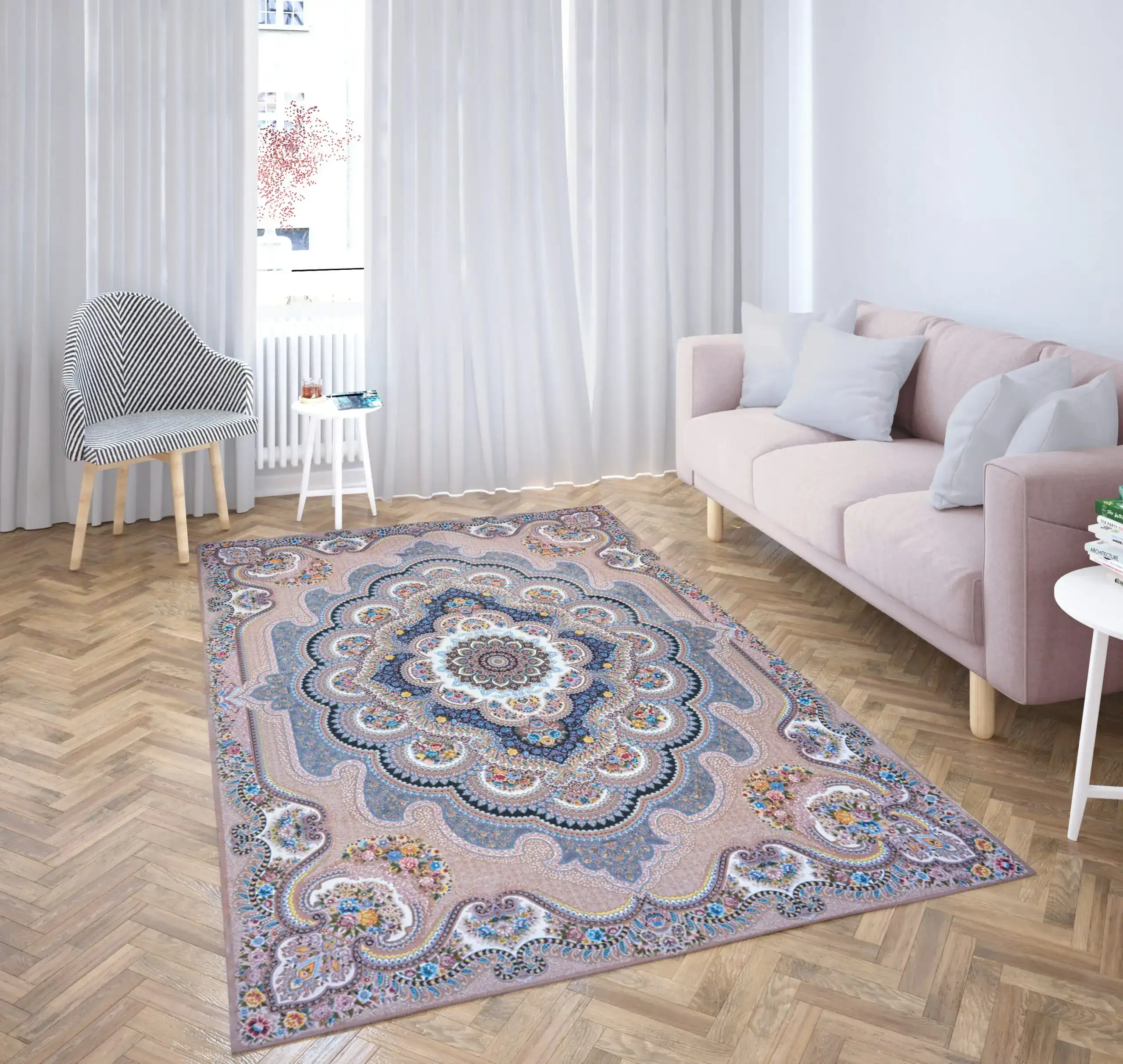 Carpets A beautifully designed carpet in a living room, adding a touch of elegance and comfort to the space