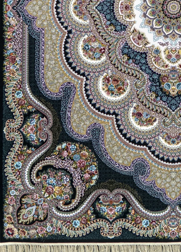 A close-up of a Qaleen Carpets rug, featuring intricate patterns and colors