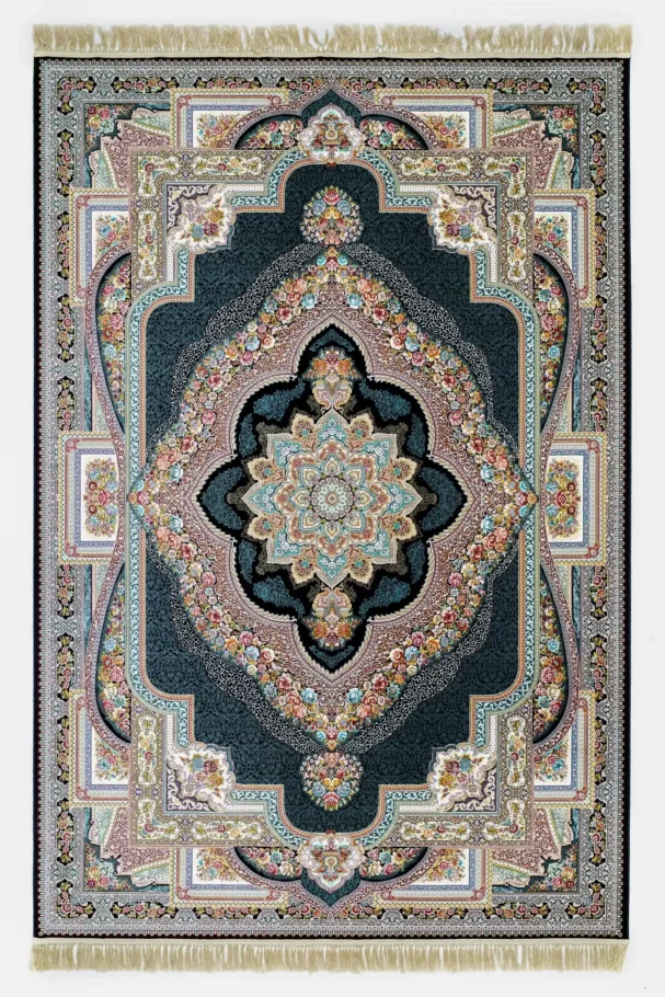A beautiful, intricately designed carpet with a central flower pattern, surrounded by intricate patterns and borders, made
