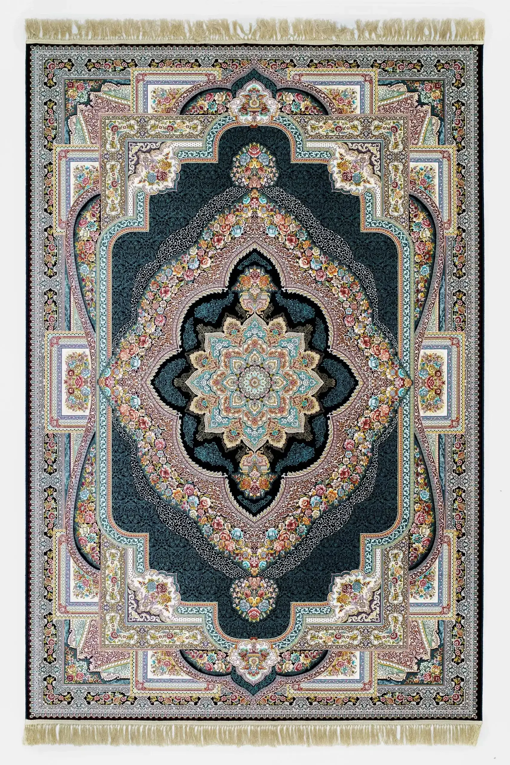 A beautiful, intricately designed carpet with a central flower pattern, surrounded by intricate patterns and borders, made