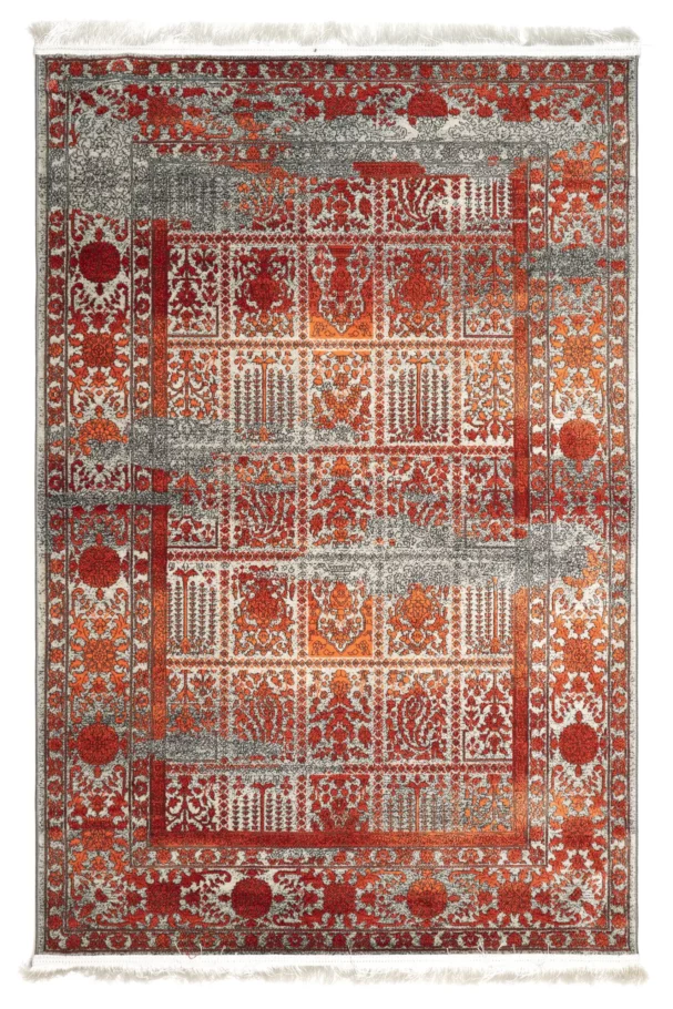 A Qaleen Carpets rug with a red and white patterned design, featuring intricate patterns and a border