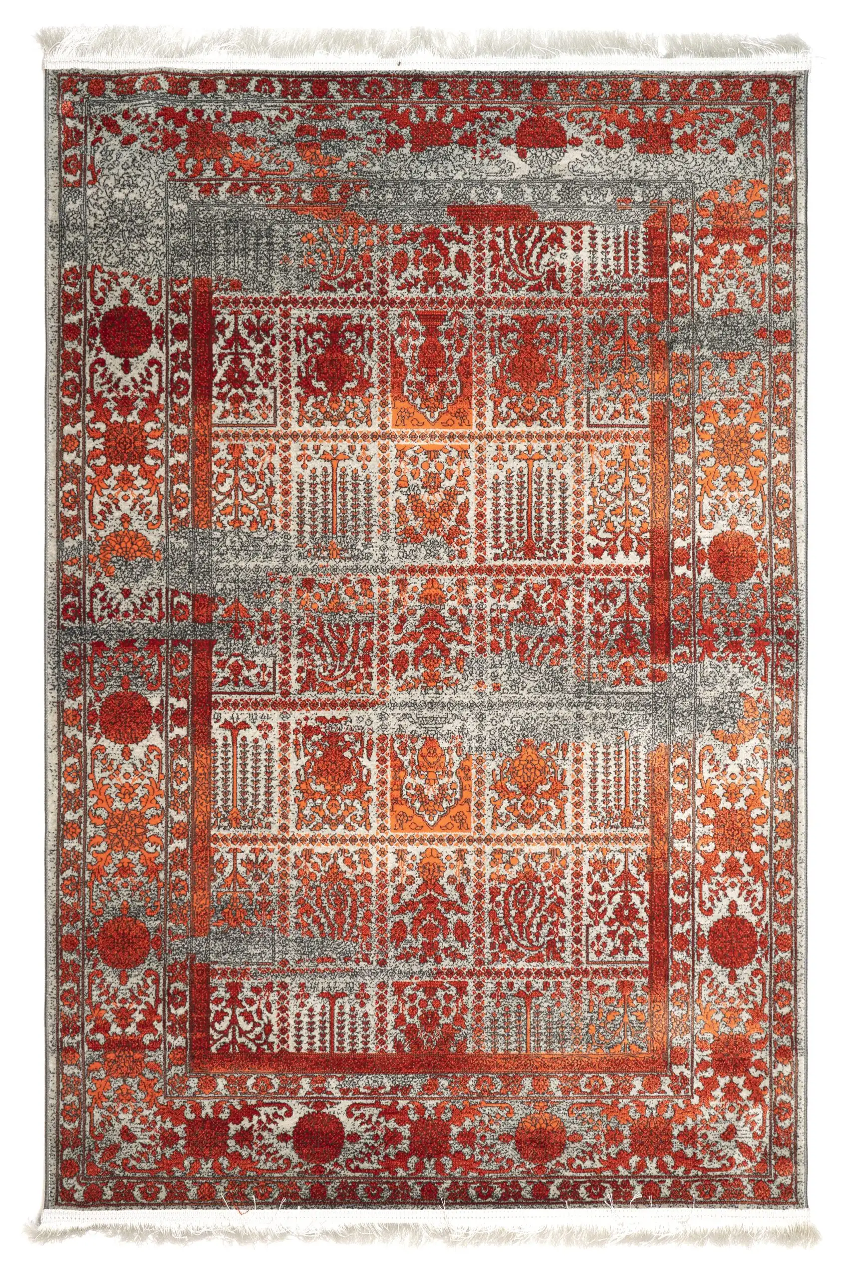 A Qaleen Carpets rug with a red and white patterned design, featuring intricate patterns and a border