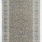 A Qaleen Carpets rug with a grey background and intricate floral patterns in various colors, including pink, blue, and gold,