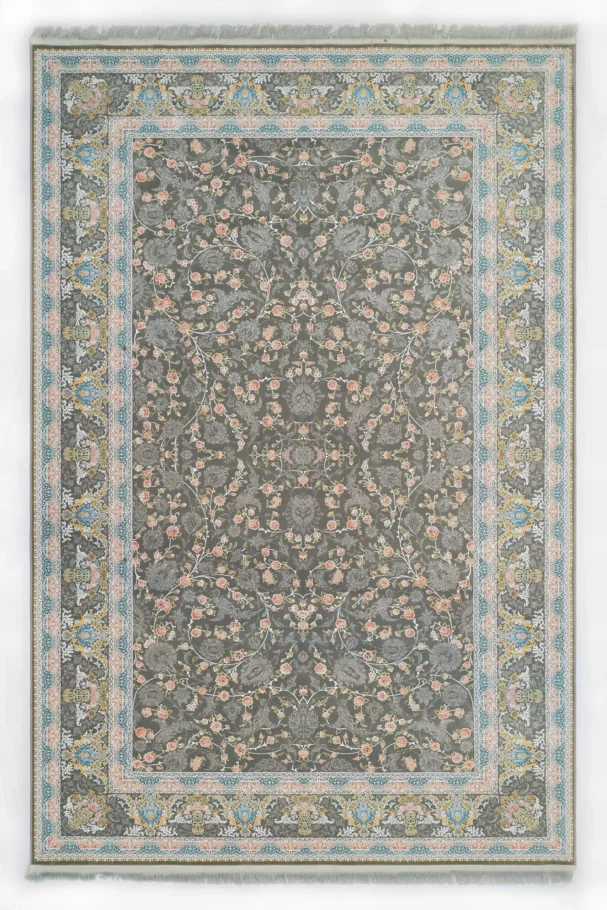 A Qaleen Carpets rug with a grey background and intricate floral patterns in various colors, including pink, blue, and gold,