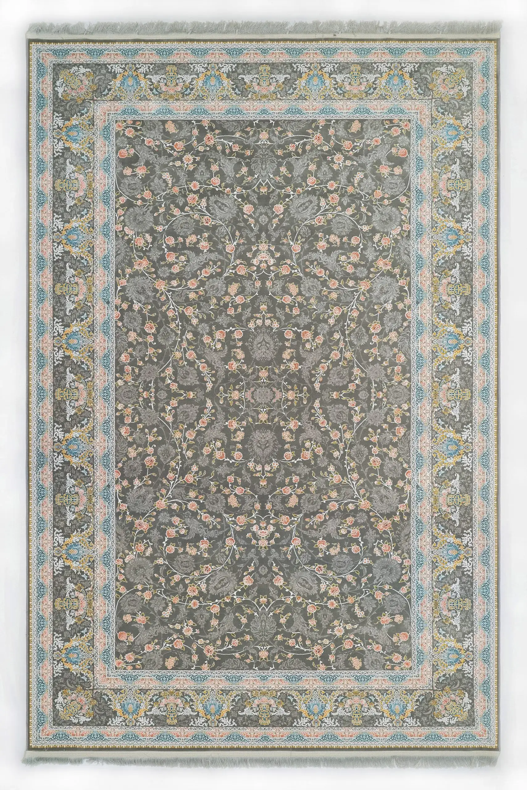 A Qaleen Carpets rug with a grey background and intricate floral patterns in various colors, including pink, blue, and gold,