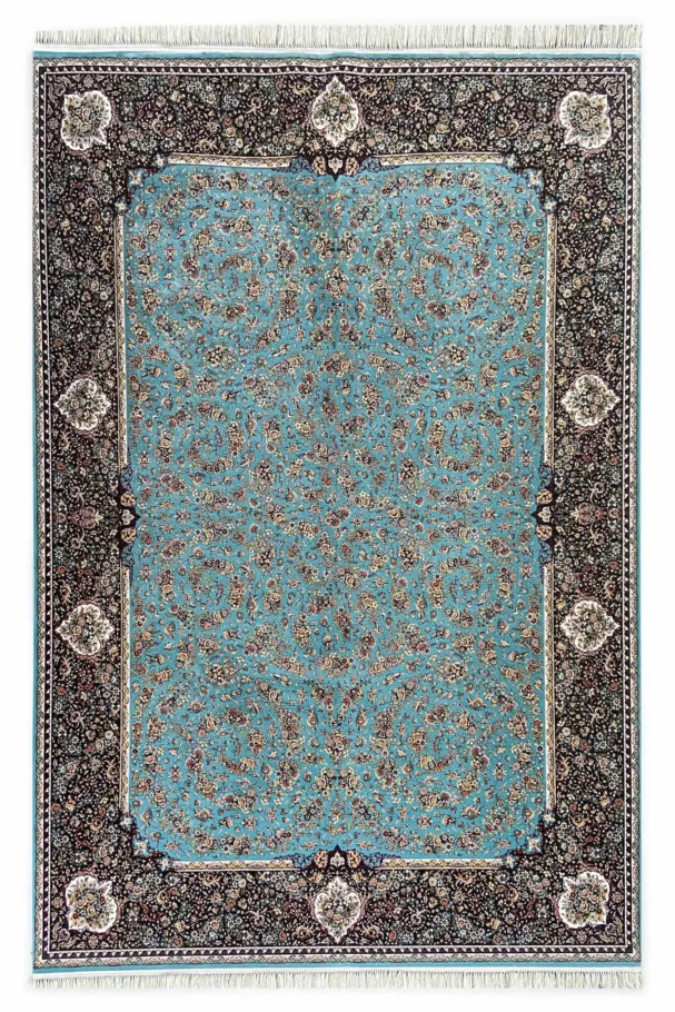 Carpets A beautiful, intricately designed Persian-style carpet with a blue and black background, featuring a central pattern