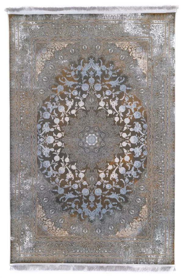 Carpets A rug with a floral pattern in a muted color palette, featuring a central design and border
